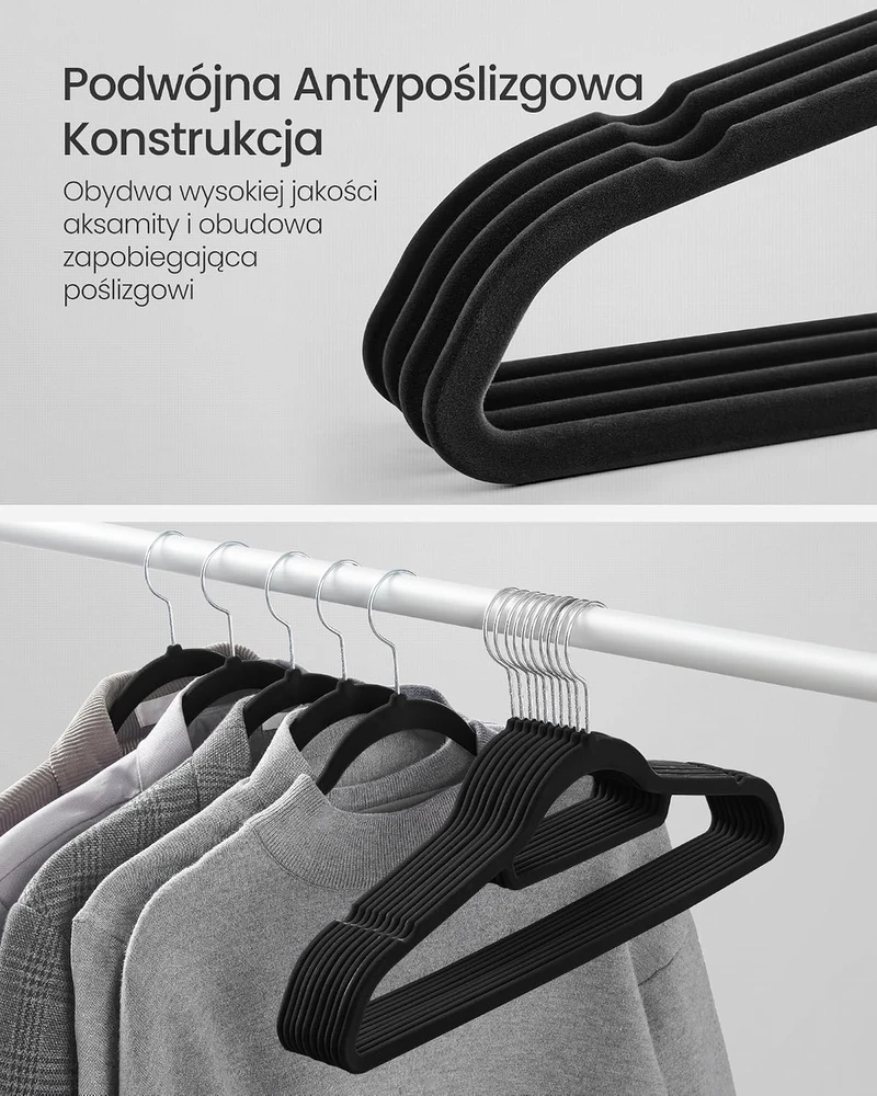 SONGMICS aksamitiniai pakabos drabužiams, komplektas 20 vnt., 0,6 cm plonumo, su 360° pasukamu kabliuku, juodi CRF20B