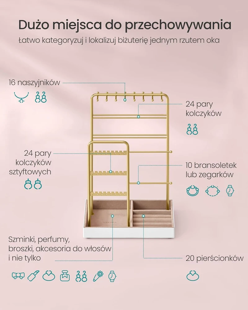 Songmics Papuošalų stovas metalinio rėmo dovanos idėja aukso spalvos