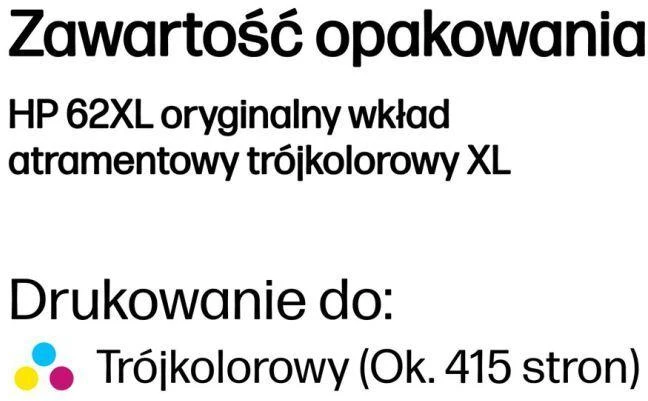 Hewlett Packard (HP) HP 62XL didelio našumo trispalvė rašalo kasetė, 415 puslapių, skirta HP ENVY 5540,5640,7640, Officejet 5740