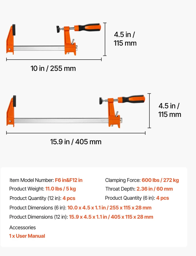 Spaustuvų rinkinys VEVOR F6 in & F12 in, 272 kg suspaudimo jėga