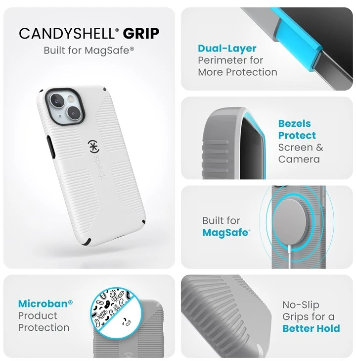 Speck Candyshell Grip MagSafe dėklas iPhone 17e/16e/15/14/13, balta