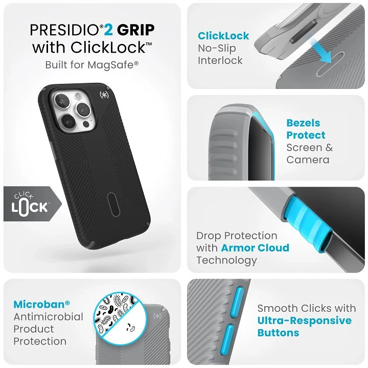 Speck Presidio2 Grip ClickLock & Magsafe - dėklas skirtas Apple iPhone 15 Pro Juodas / Slate Pilkas / Baltas