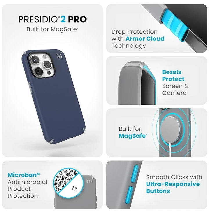 Speck Presidio2 Pro Magsafe - dėklas skirtas Apple iPhone 15 Pro Coastal Mėlyna / Dust Pilkas / Baltas