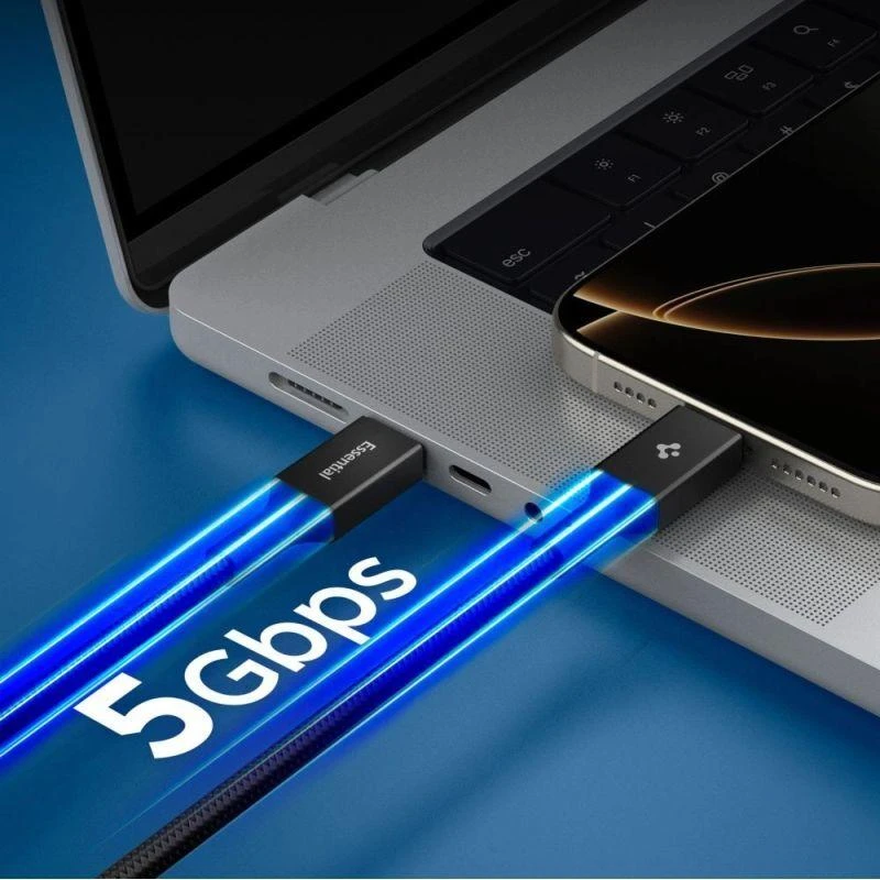 Spigen „Essential“ USB C–USB C 100 W laidas, juodas EB10010CC