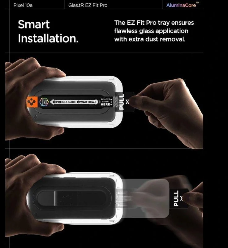 „Spigen Glas.tR EZ Fit Pro 2“ grūdinto stiklo ekrano apsauga, skirta „Google Pixel 10A“.