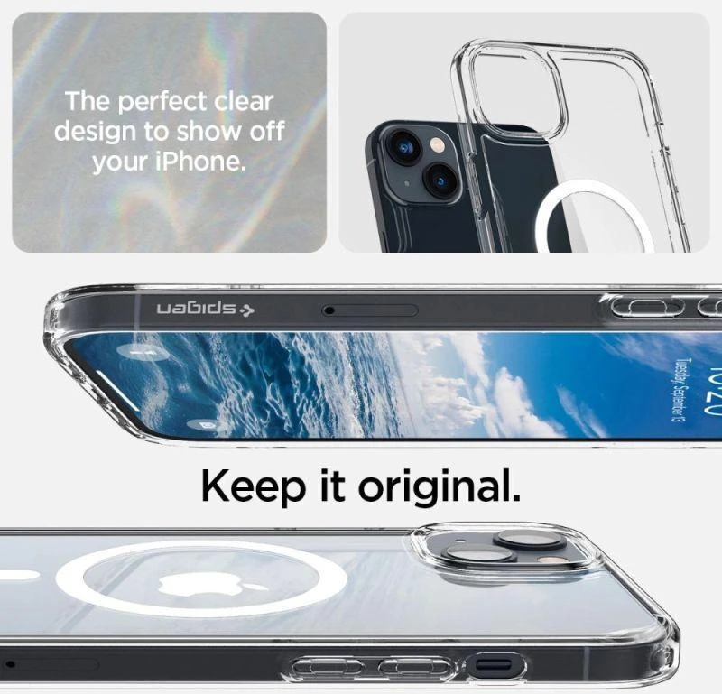 Spigen Ultra Hybrid Mag dėklas su MagSafe technologiją, skirtas iPhone 14 - skaidrus/baltas