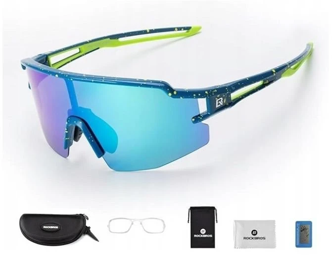Sportiniai akiniai nuo saulės Rockbros, mėlyni su geltonomis detalėmis