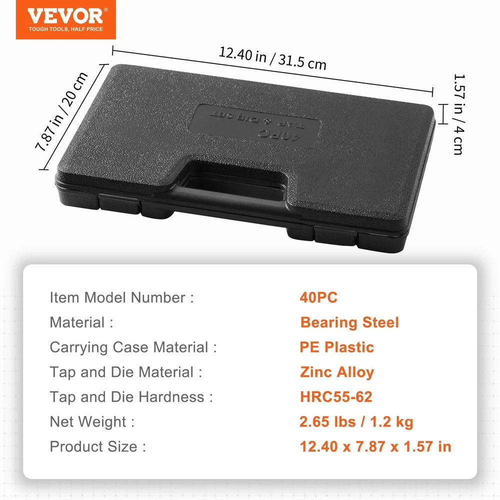 VEVOR 40 dalių sriegimo rinkinys M3-M12