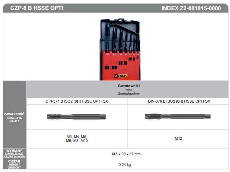 Carruzzo GWINTOWNIKI Rinkinys M3-M12 DIN-371B/DIN-376B (6H) HSSE CZP-8 OPTI