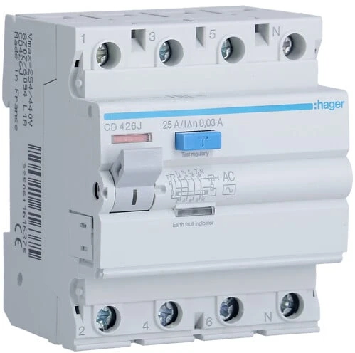 Srovės nuotekio relė Hager CD426J (AC, 25A, 4P, 30mA, 230V)