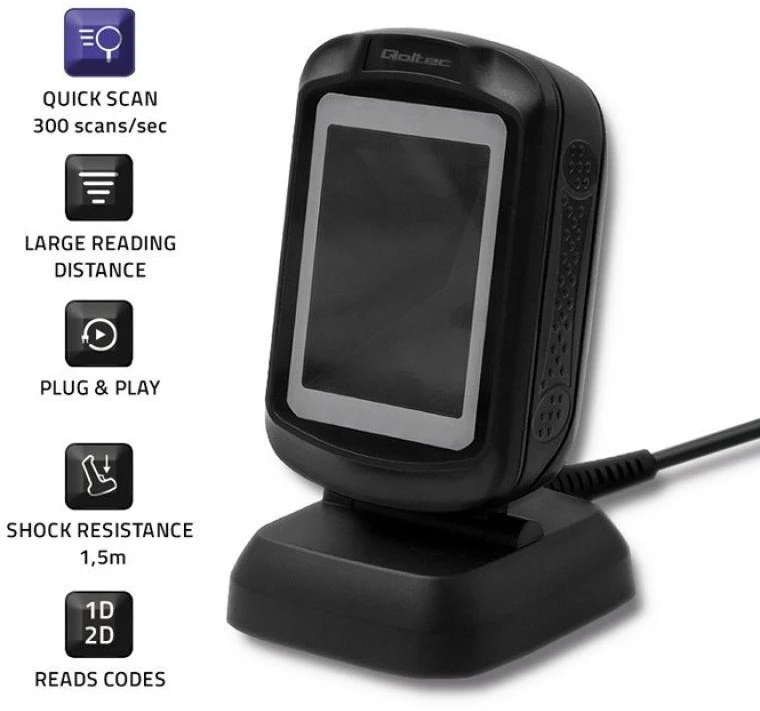 Qoltec 50864 stalinis QR ir brūkšninių kodų skaitytuvas | USB