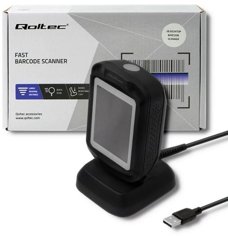 Qoltec 50864 stalinis QR ir brūkšninių kodų skaitytuvas | USB