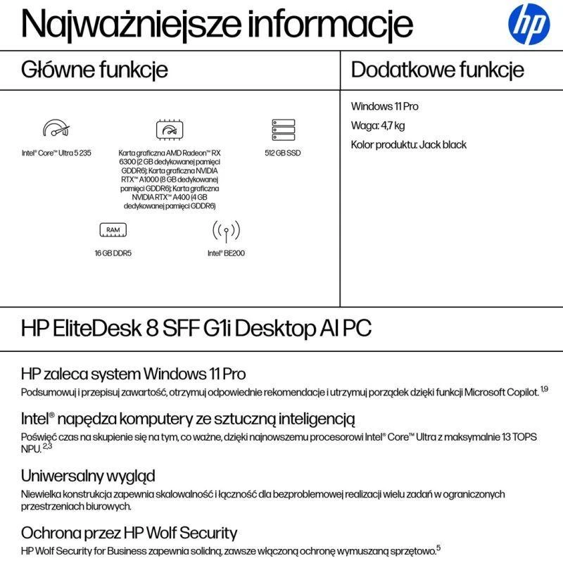 Stacionarus kompiuteris HP EliteDesk 8 SFF G1i AI, Intel Core Ultra 5 235, 16 GB DDR5-SDRAM, 512 GB SSD, Windows 11 Pro, AI PC, juodos spalvos