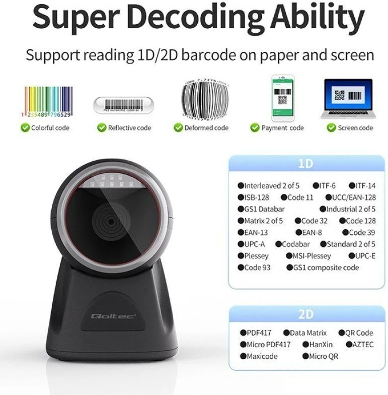 Qoltec Stacionarus tikslus skaitytuvas, brūkšninio kodo ir QR 1D skaitytuvas | 2D