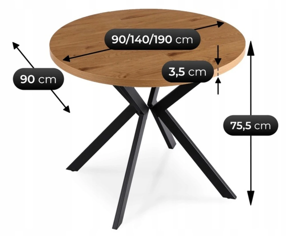 Stalas LUGO 90–190 cm, auksinis ąžuolas / juodas