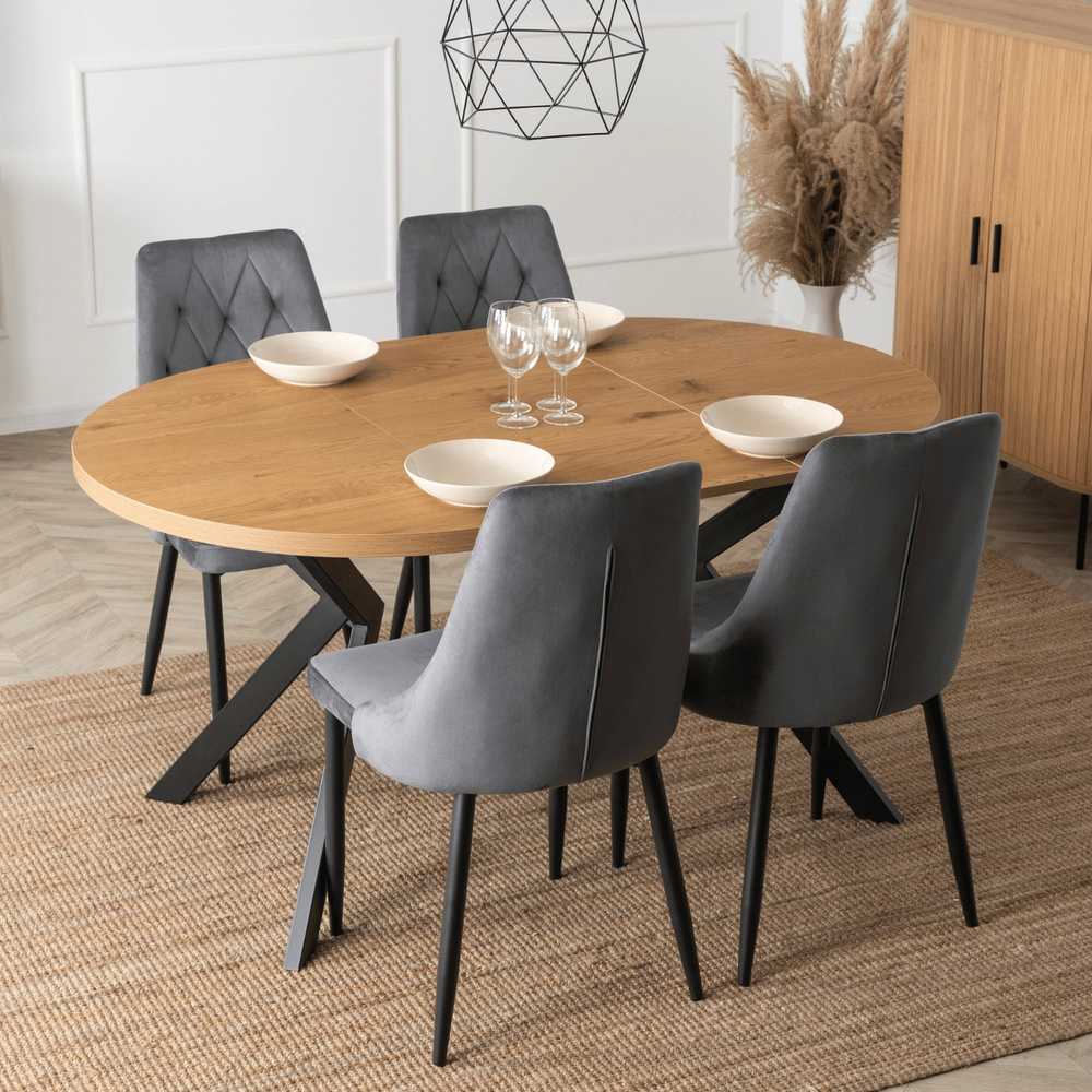 Mebel Elite Išskleidžiamas apvalus stalas, 100–250 cm, aukso ąžuolo ir juodos spalvos