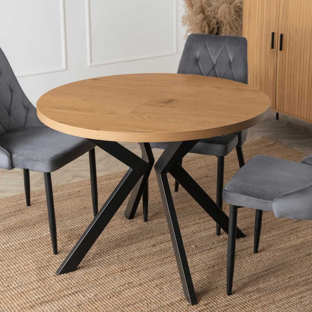 Mebel Elite Išskleidžiamas apvalus stalas, 100–250 cm, aukso ąžuolo ir juodos spalvos