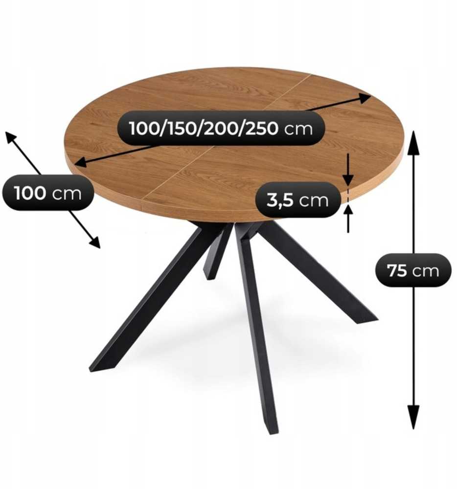 Mebel Elite Išskleidžiamas apvalus stalas, 100–250 cm, aukso ąžuolo ir juodos spalvos