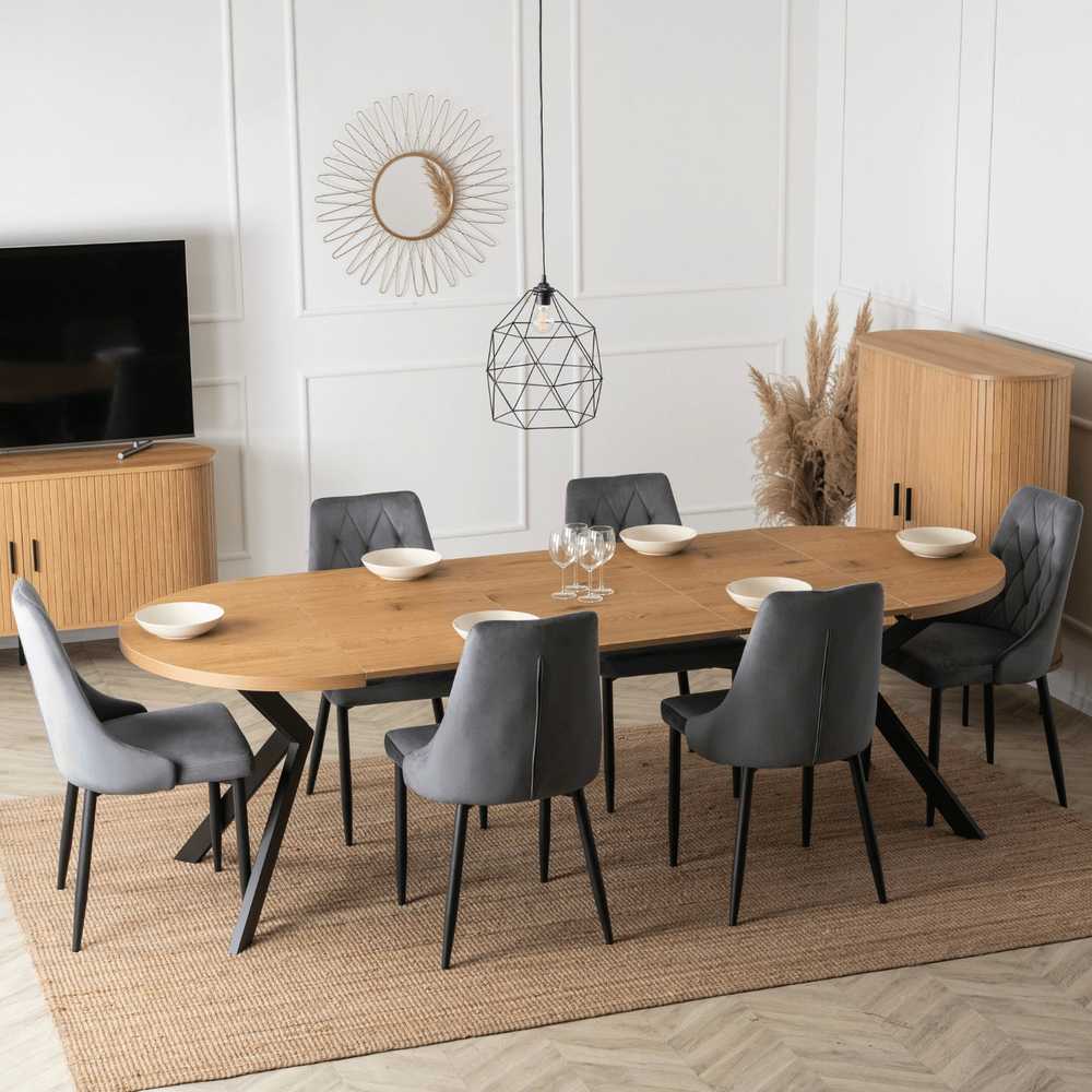 Mebel Elite Išskleidžiamas apvalus stalas, 100–250 cm, aukso ąžuolo ir juodos spalvos