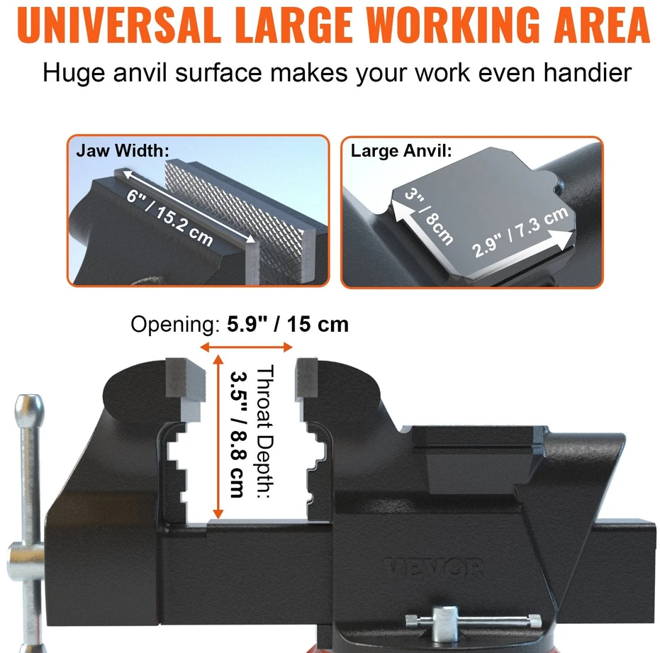 VEVOR 6" spaustuvas su priekalu ir 360° reguliuote