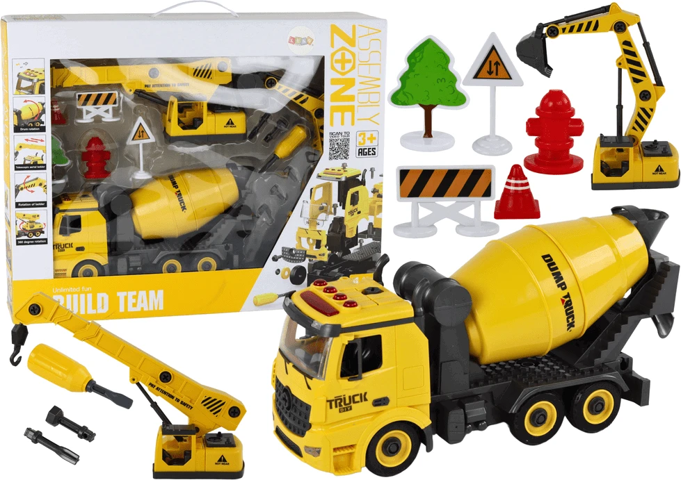 Žaislinis betono maišyklės sunkvežimis su priedais Lean Toys, geltonas, 11 d.