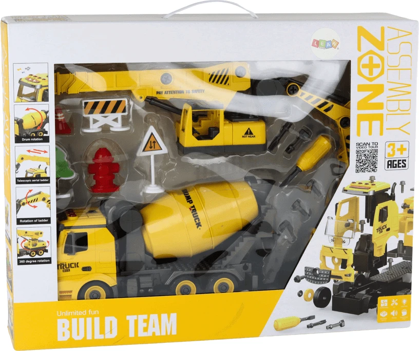 Žaislinis betono maišyklės sunkvežimis su priedais Lean Toys, geltonas, 11 d.