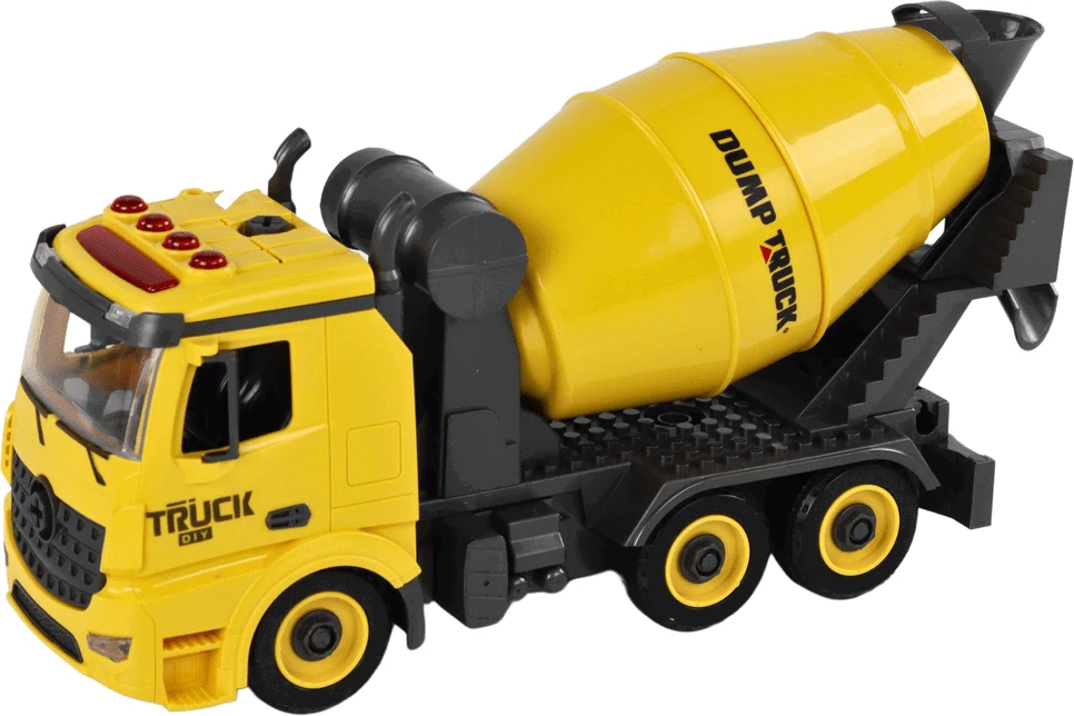 Žaislinis betono maišyklės sunkvežimis su priedais Lean Toys, geltonas, 11 d.