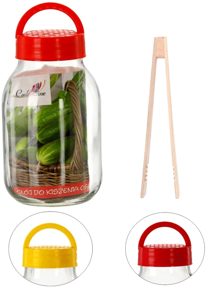 Stiklainis 3 L su plastikiniu dangteliu ir žnyplėmis
