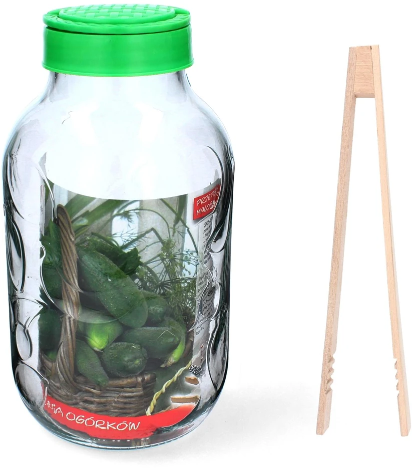 Stiklainis 5 L su plastikiniu dangteliu ir žnyplėmis