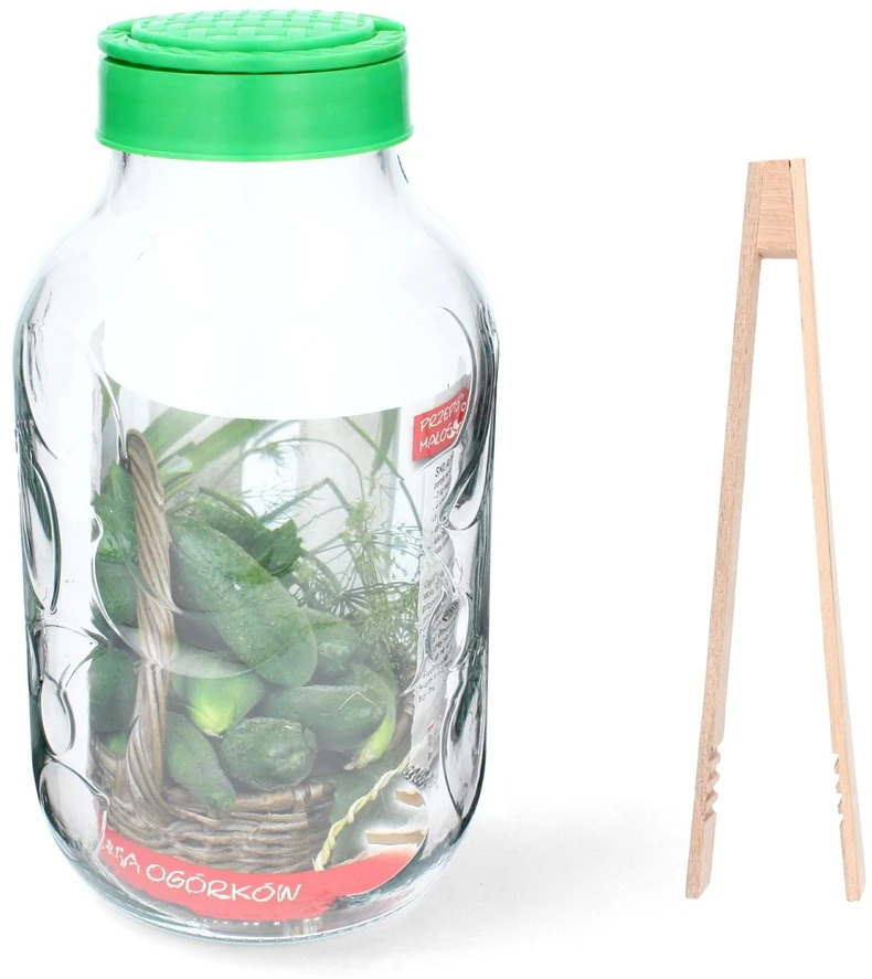 Stiklainis 5 L su plastikiniu dangteliu ir žnyplėmis