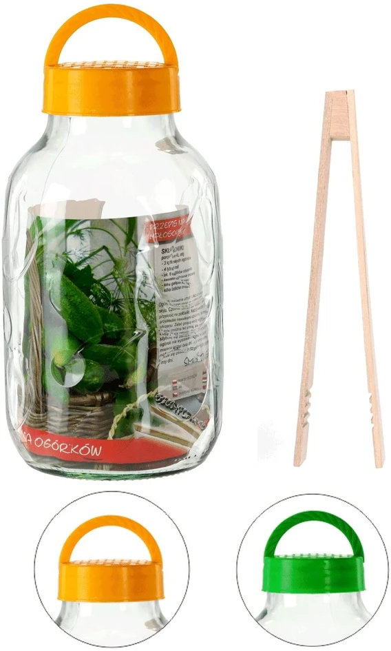 Stiklainis 5 L su plastikiniu dangteliu ir žnyplėmis
