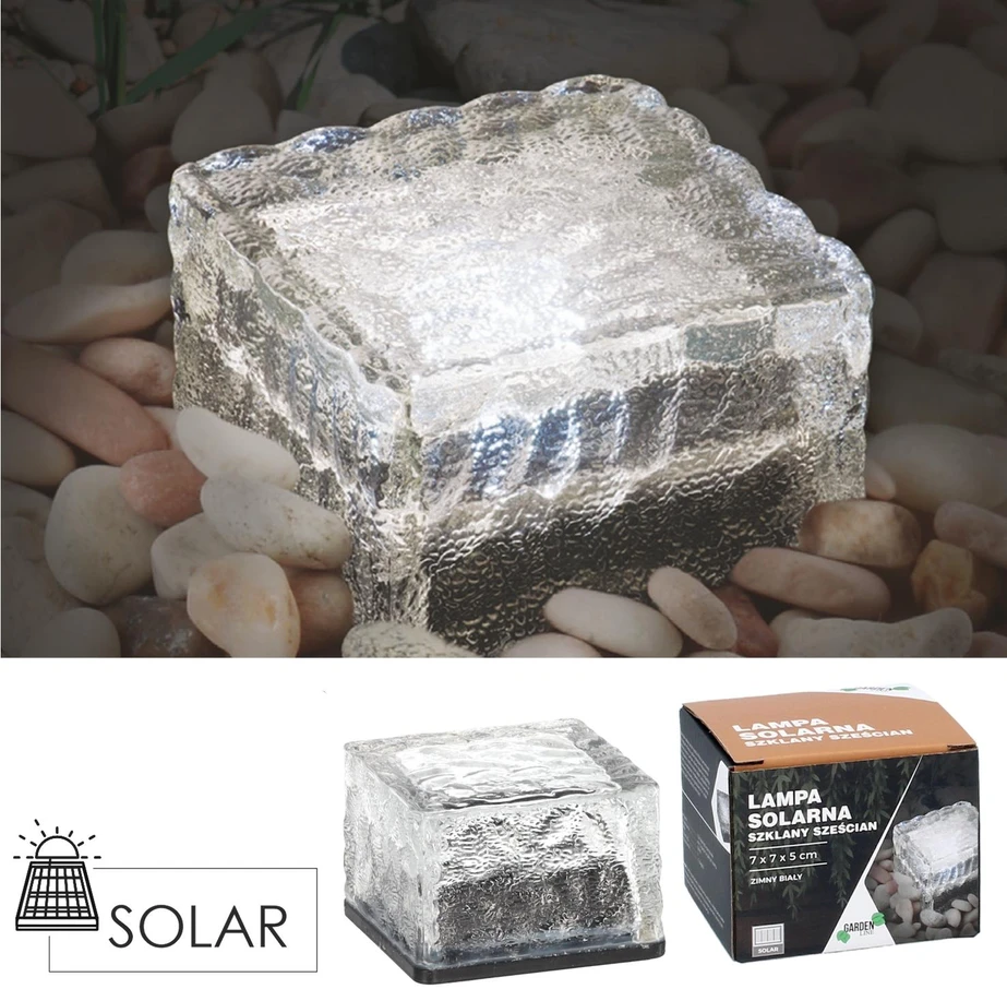 Stiklinė saulės lempa – kubas 7 × 7 × 5 cm, šaltai balta LED