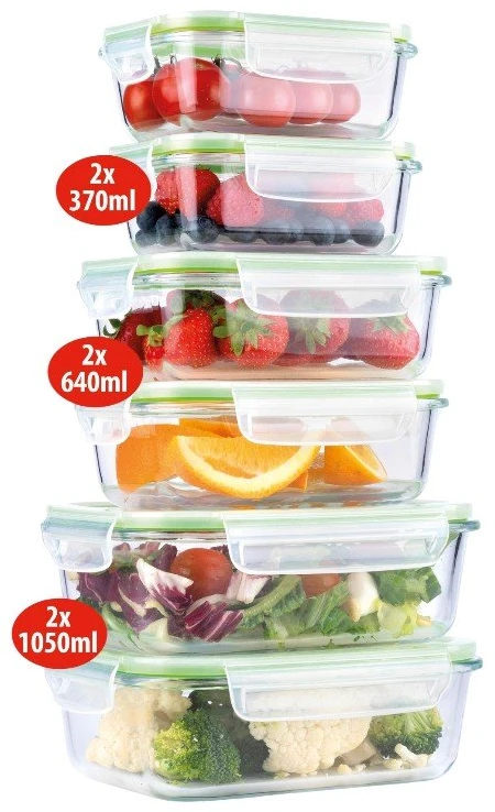 Alpina - Set of 6 glass food containers with lid Priešpiečių dėžutė 370 ml / 640 ml / 1050 ml