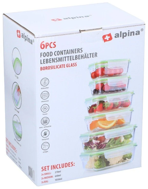 Alpina - Set of 6 glass food containers with lid Priešpiečių dėžutė 370 ml / 640 ml / 1050 ml