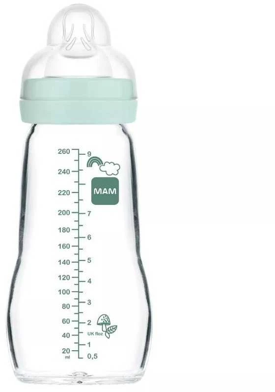 MAM 260 ml stiklinis buteliukas su žaliu dangteliu