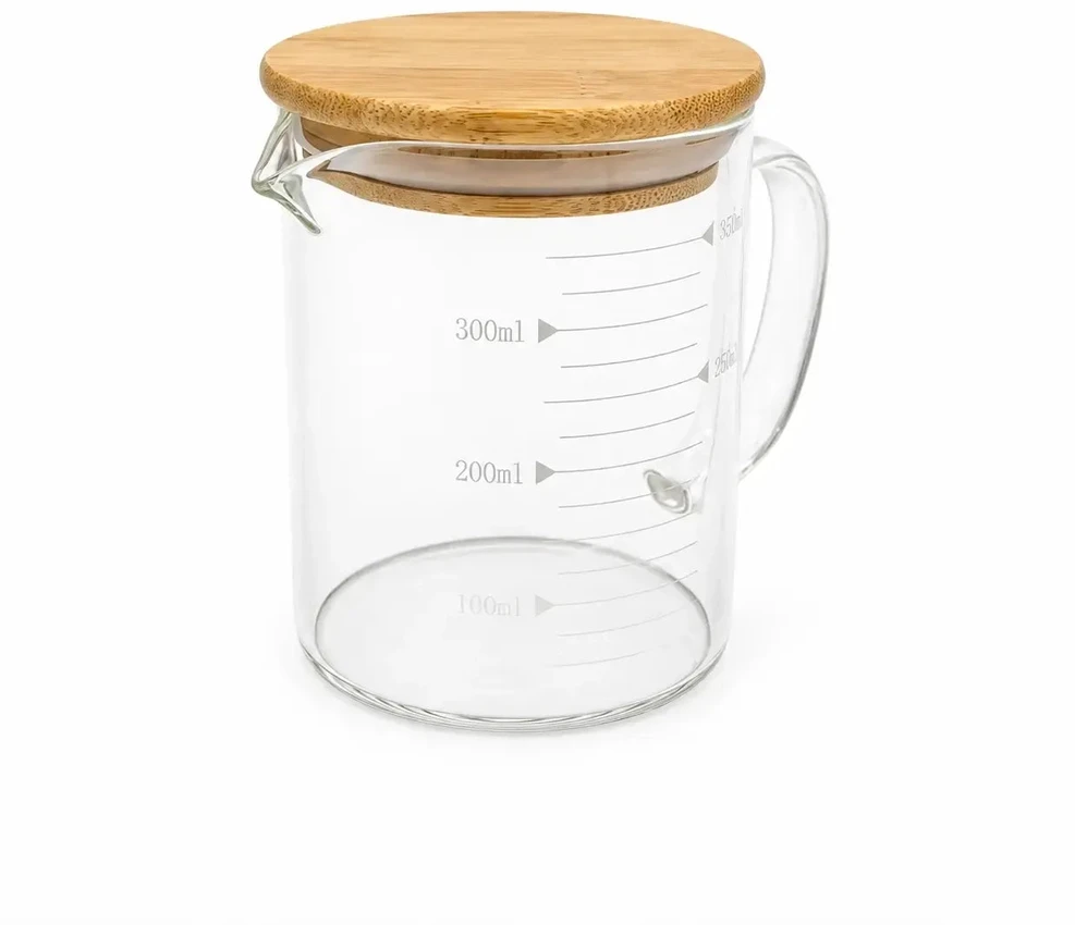 Stiklinis puodelis su bambukiniu dangteliu ir matavimo skale 250 ml