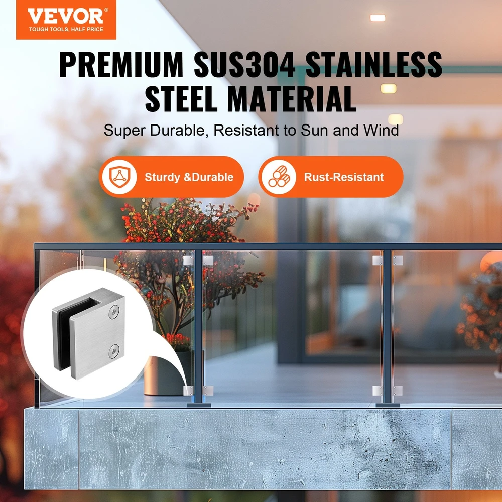 VEVOR Stiklo laikikliai turėklams 4 vnt, 8-12 mm, sidabriniai