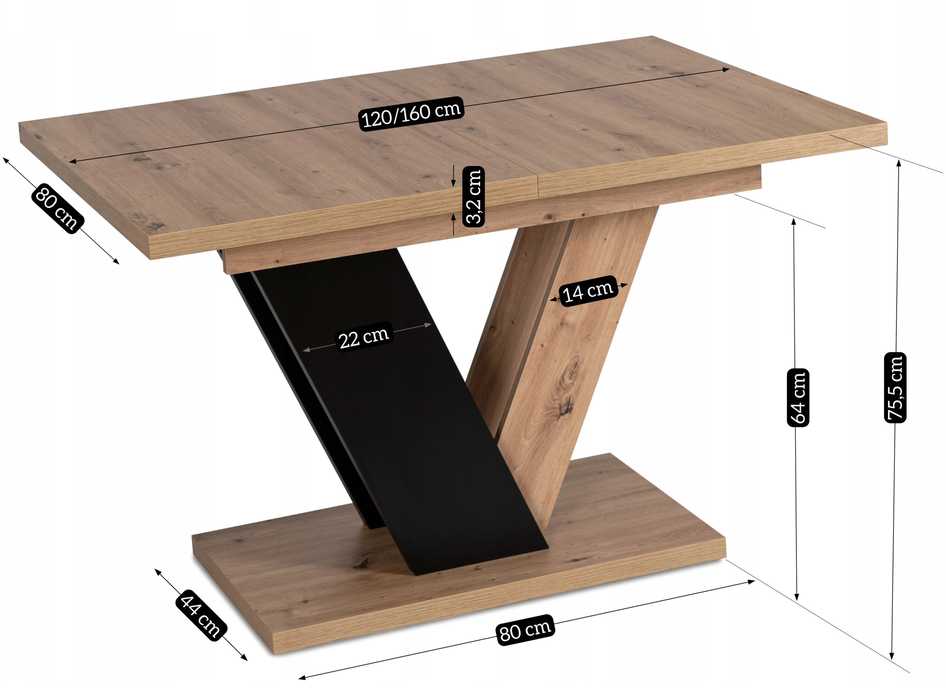Mebel Elite Išskleidžiamas stalas CLARK, 120–160 cm, Artisan ąžuolo ir juodos spalvos