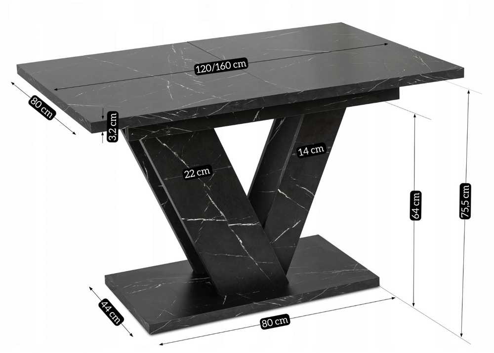 Mebel Elite Išskleidžiamas stalas, 120–160 cm, juodo marmuro spalvos