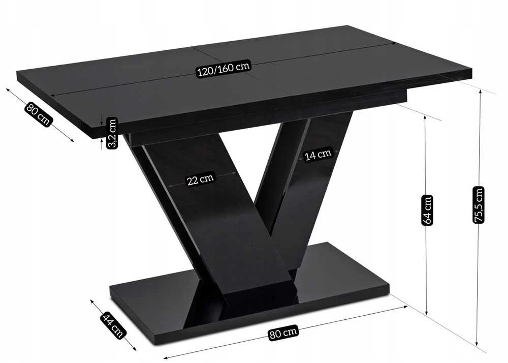 Mebel Elite Išskleidžiamas stalas, 120–160 cm, juodas blizgus