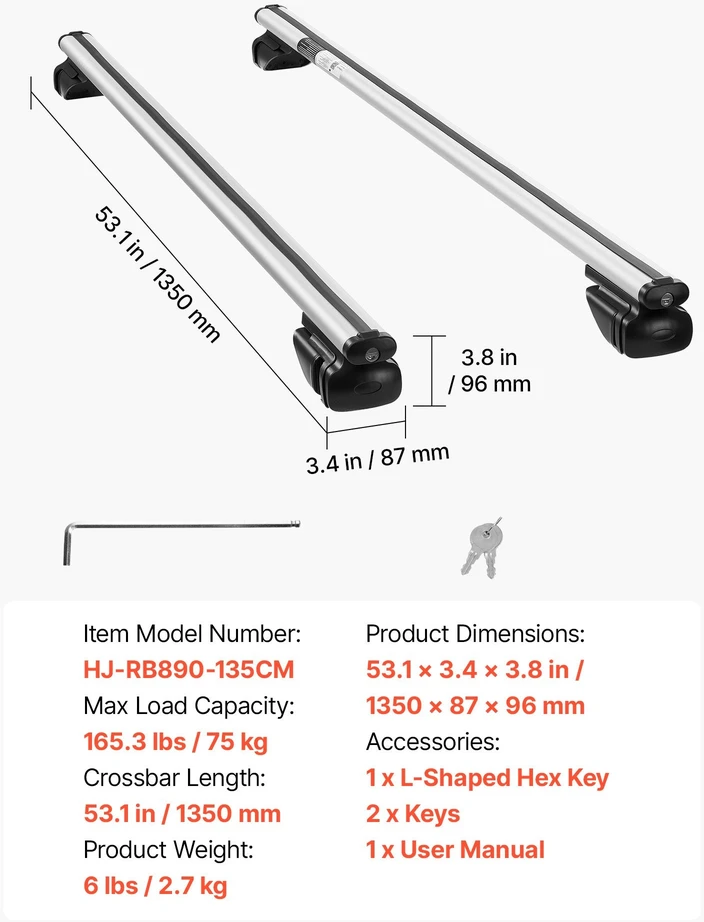 Vevor Stogo bagažinės skersiniai, 75 kg talpa