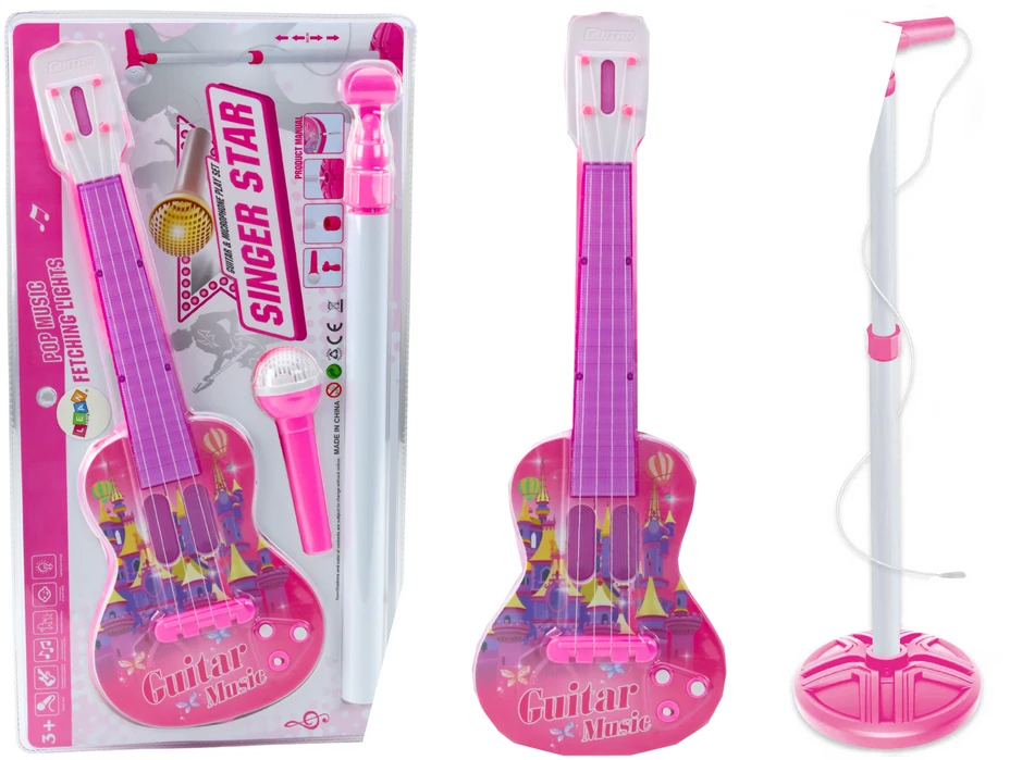 Zestaw Elektrinė gitara su mikrofonu ir stovu vaikams, rožinė