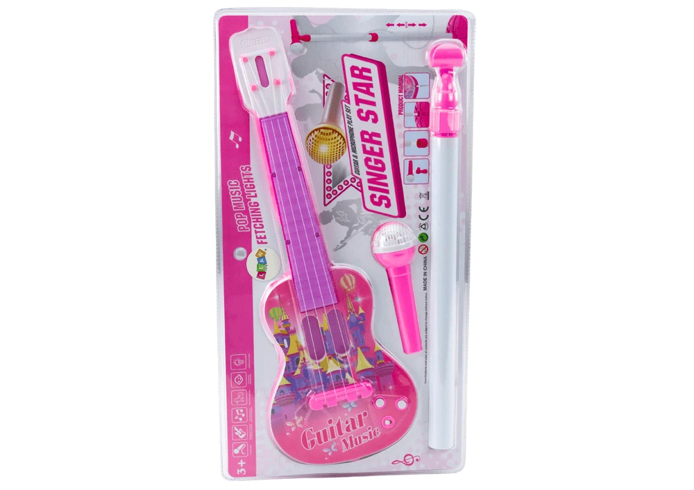 Zestaw Elektrinė gitara su mikrofonu ir stovu vaikams, rožinė
