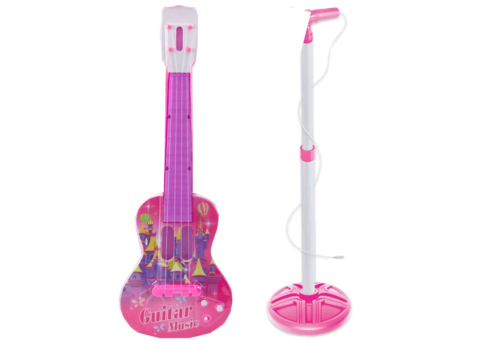 Zestaw Elektrinė gitara su mikrofonu ir stovu vaikams, rožinė