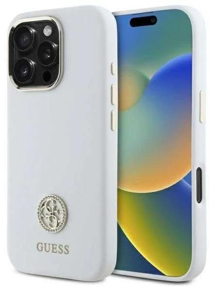 Guess GUHCP16LM4DGPH Apple iPhone 16 Pro 6.3″ baltos spalvos kietas dėklas Silicone Logo Strass 4G