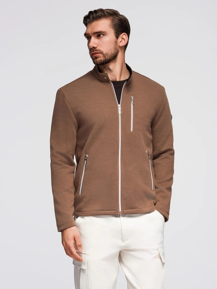 Struktūrizuota vyriška ruda biker tipo striukė su stovu