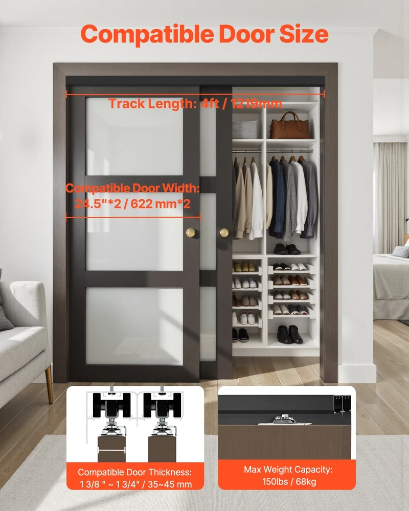 VEVOR Dviejų durų bėgių sistema 122 cm