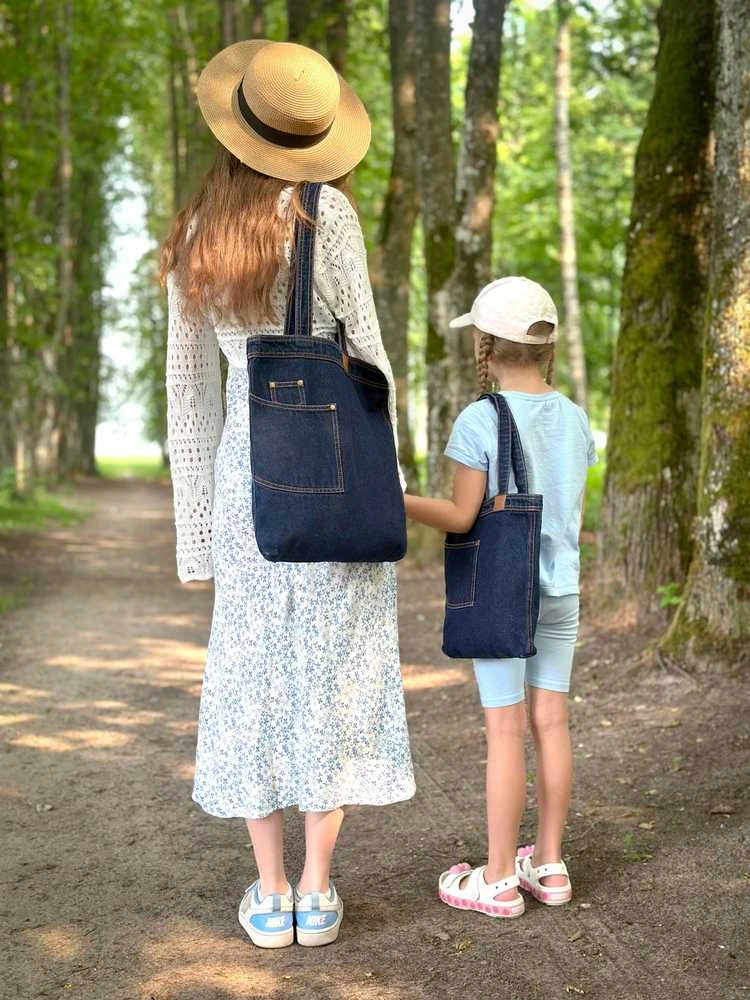 Suderintų džinsinių maišelių komplektas: didelis ir mažas, su kišenėmis