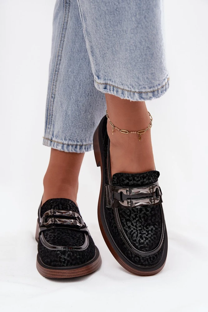Suede Women's Loafers with Decoration D&A MR52-176 Juodas