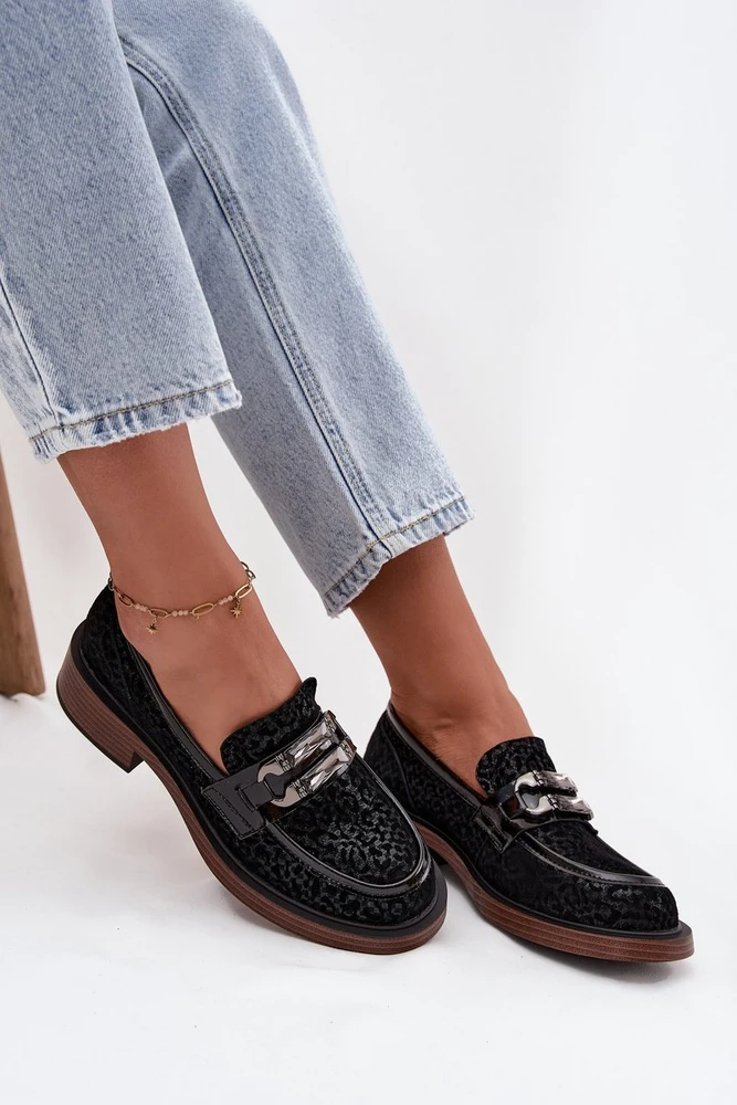 Suede Women's Loafers with Decoration D&A MR52-176 Juodas